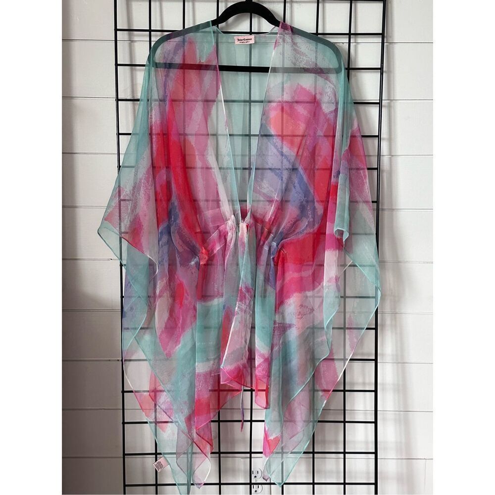 Juicy Couture Abstract Tie Front Kimono Womens‎ OS Teal Pink Boho Festival Vtg